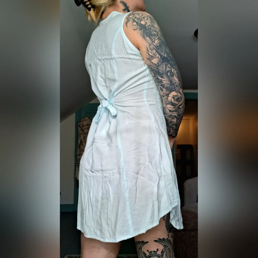 Vintage Boho Embroidered 100% Rayon Mini Dress With Button Front And Tie Back - Picture 3 of 10